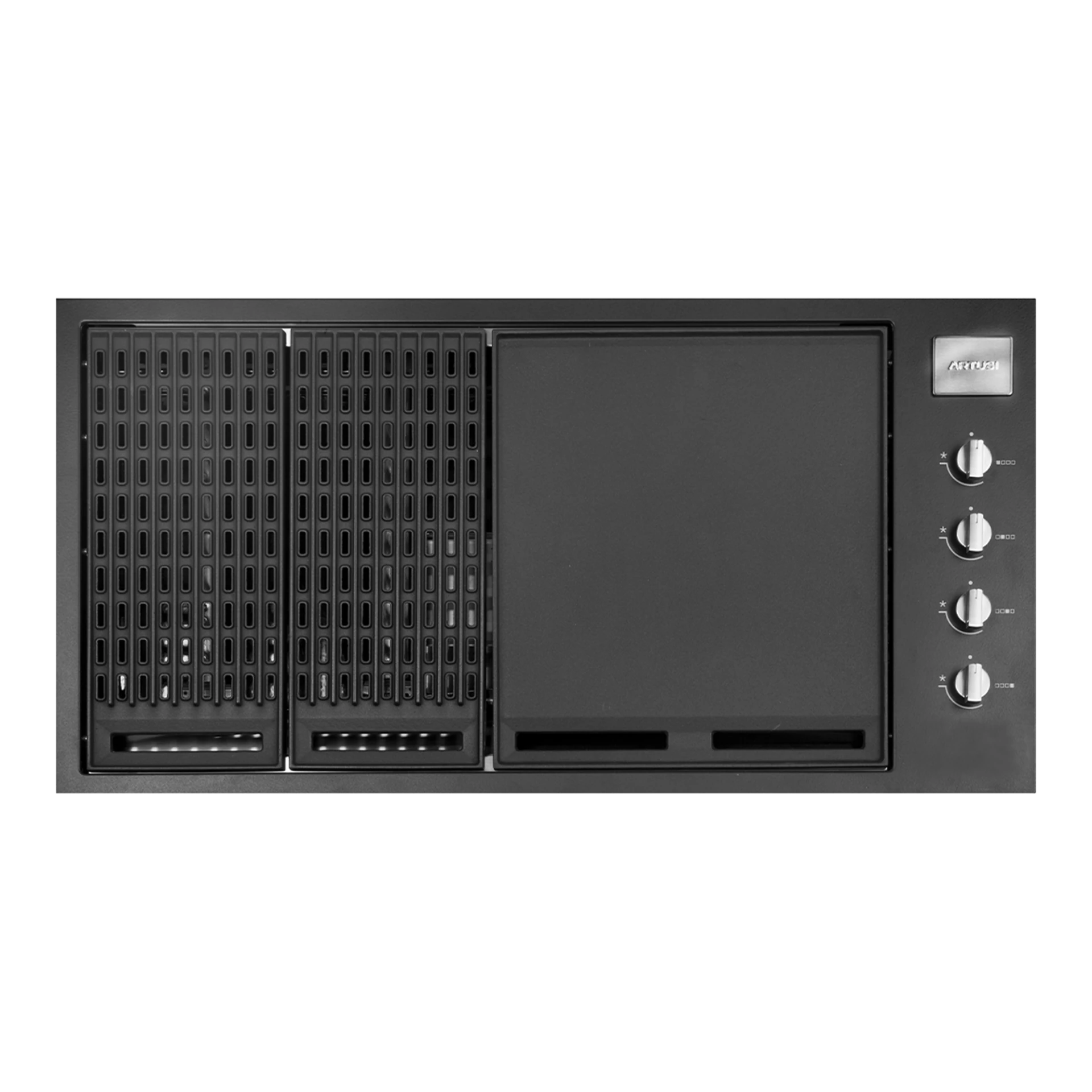Top view of the Artusi ABBQ1MB cast-iron grills and flat plate.