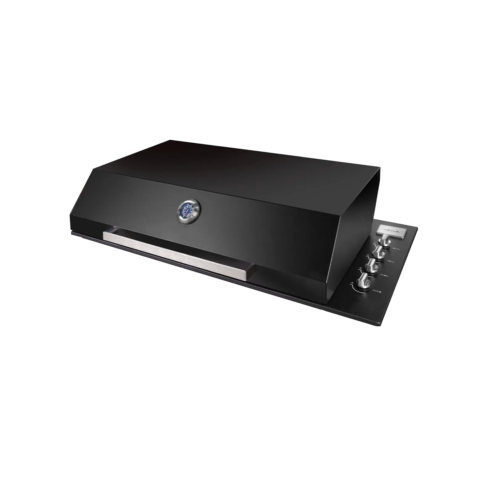 Artusi ABBQ1MB built-in BBQ with the matte-black roasting hood fitted.