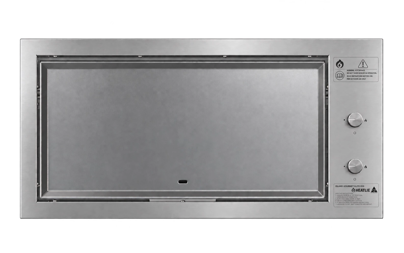 Heatlie Island Gourmet Elite 850 built-in BBQ, flat plate, top view.